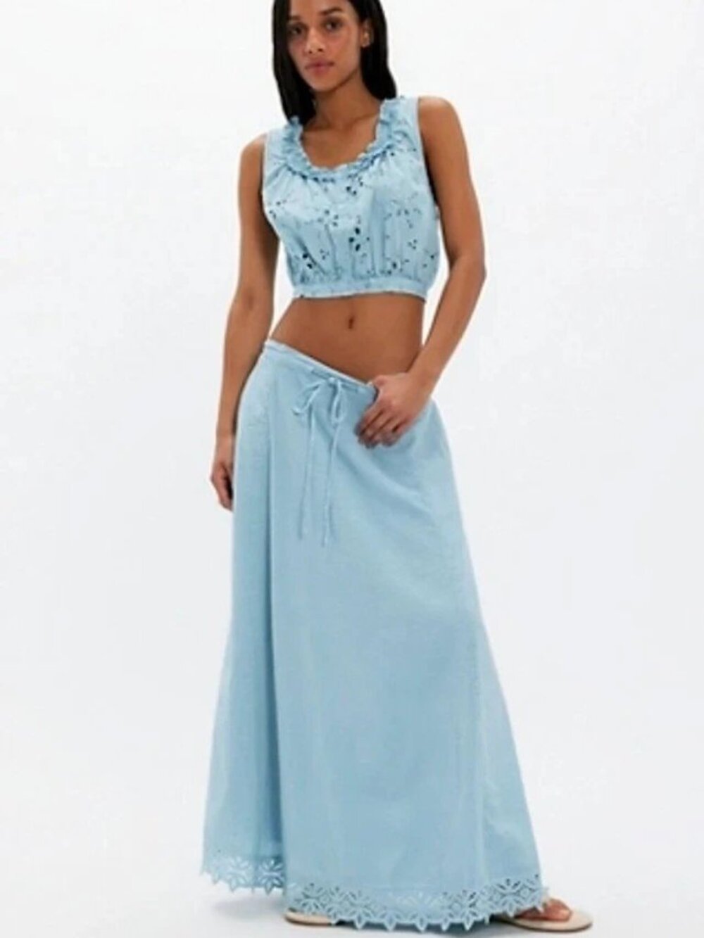 Free People Madelyn Cotton Maxi Skirt Ruffle Eyelet Lace Seersucker M 290442